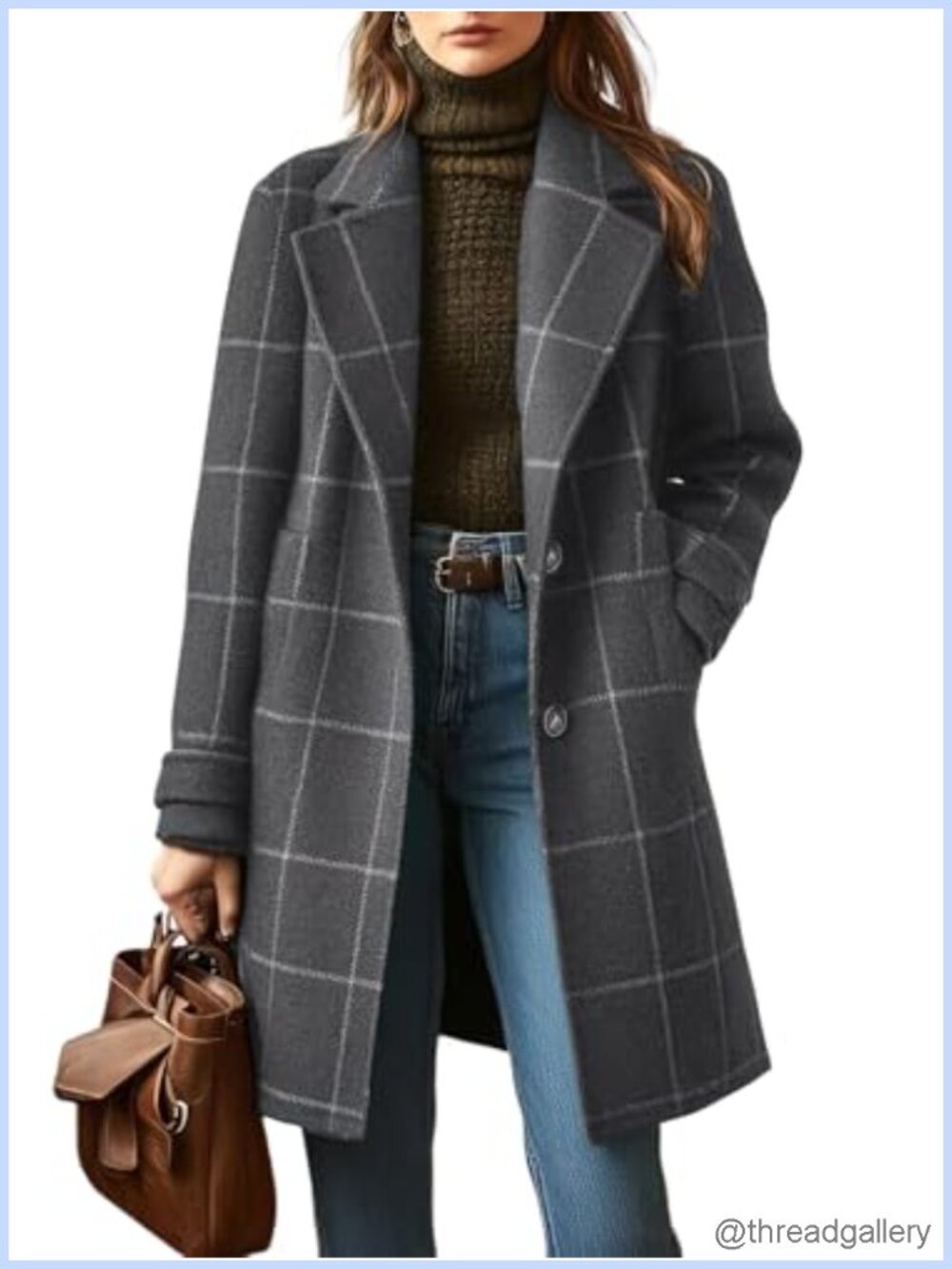 Women's Plaid Wool Trench Coat Button Down Notch Collar Mid Long Overcoat